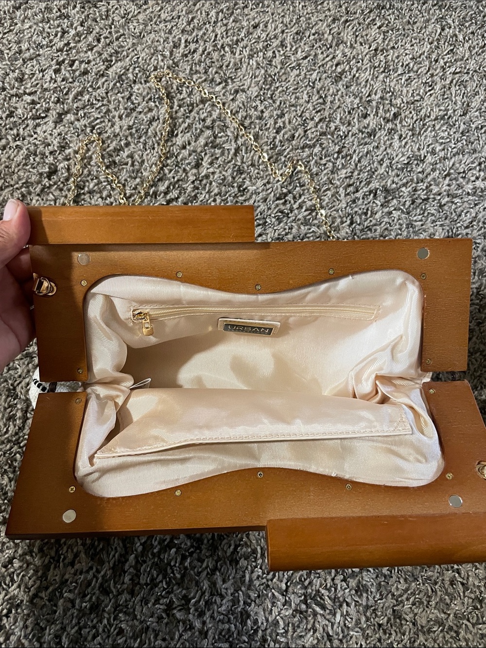 Urban Expressions Cream and Black Striped Clutch with WoodenFrame and Gold Chain